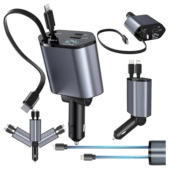 Autós töltő USB-C iOS 100W, gyorstöltés, 4 az 1-ben, visszahúzható 80cm, szürke