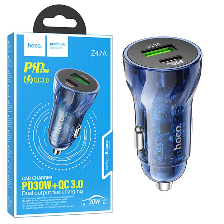 Încărcător Auto Hoco Z47A, 30W, 1xUSB-C, 1xUSB-A, albastru