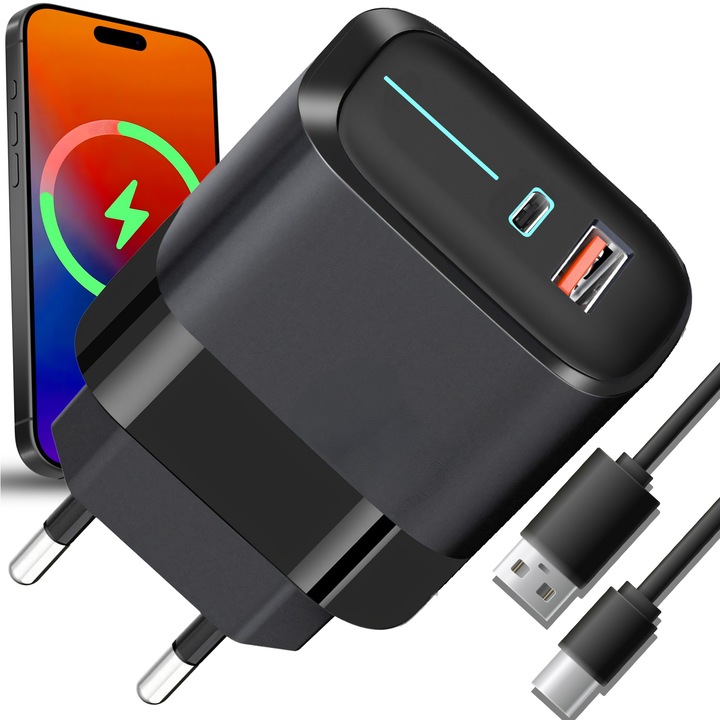 Töltőkészlet 20W RETOO TechPro, C típusú és A típusú USB-C portokkal, USB C Típusú Kábellel, Kompatibilis Android, iPhone, Táblagépekkel, Külső Akkumulátorokkal, Fejhallgatóval, Univerzális, Gyors Töltés