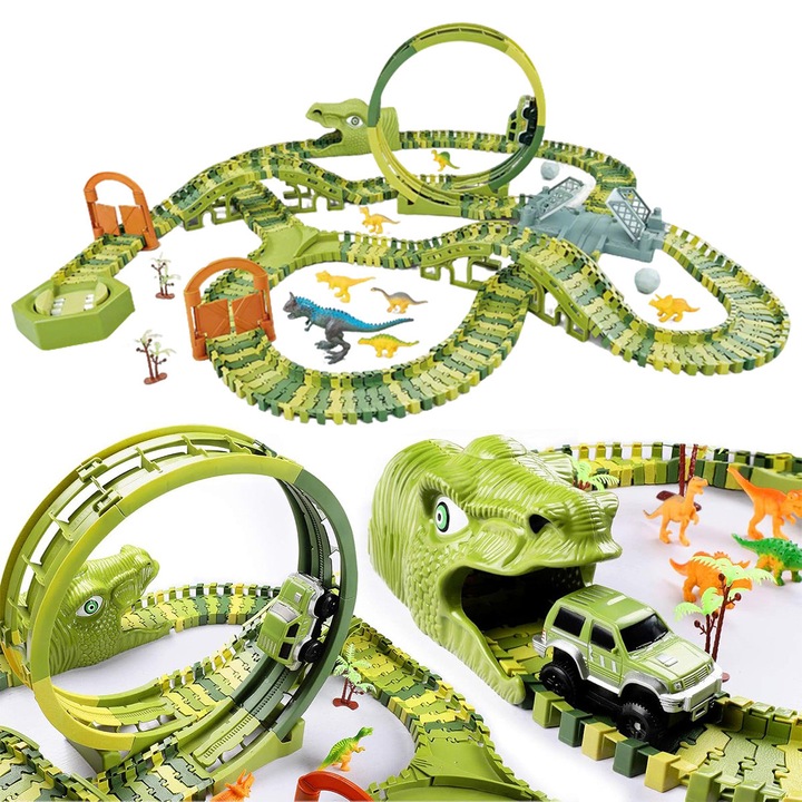 Set Pista de Curse Masini Dino YOUKUKE 324 Sine de Tren Flexibile, 8 Dinozauri, 1 Masina, Palmieri, x Masina electrica de curse, 1 x Cap de dinozaur, 2 x Usi, 1 x Pod de cale ferata, STEM, Off-Road, Green
