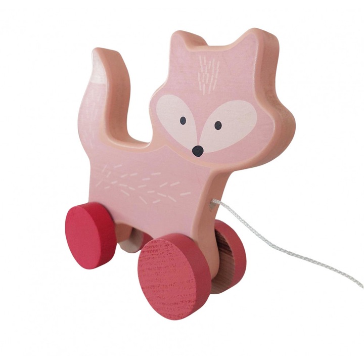 Jucărie de tras din lemn, Klemy's Collection, Vulpe Roz, 15x15cm, forme rotunjite, snur inclus