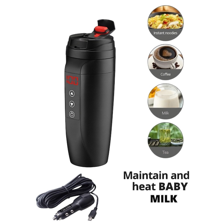 Интелигентна термо чаша за кола 12V/24V, премиум и непропусклива, черна – Поддържа и затопля напитки по време на път, идеална и за затопляне на бебешко мляко, HAPPY JOKER®