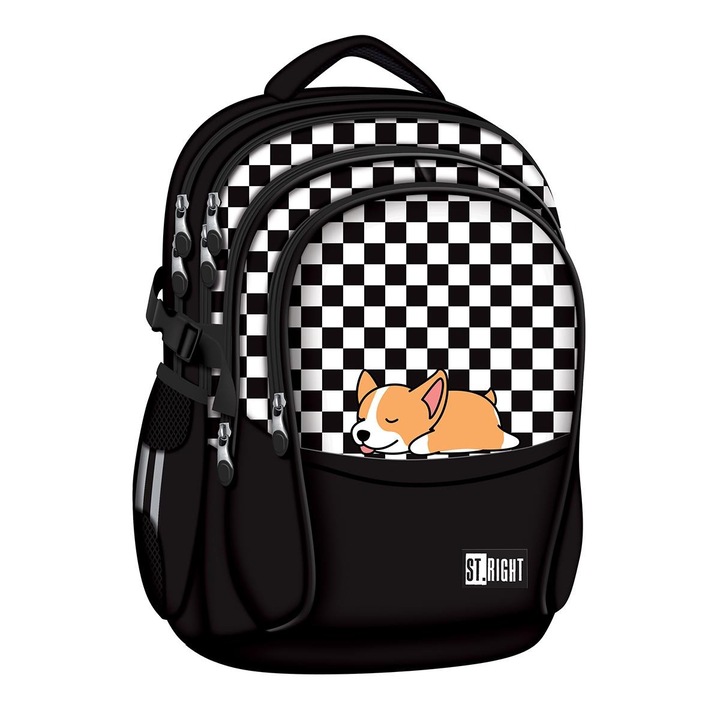 Ghiozdan St. Right Sleepy Corgi, 4 compartimente, 43x32x21cm, rezistent la apă, greutate 880g