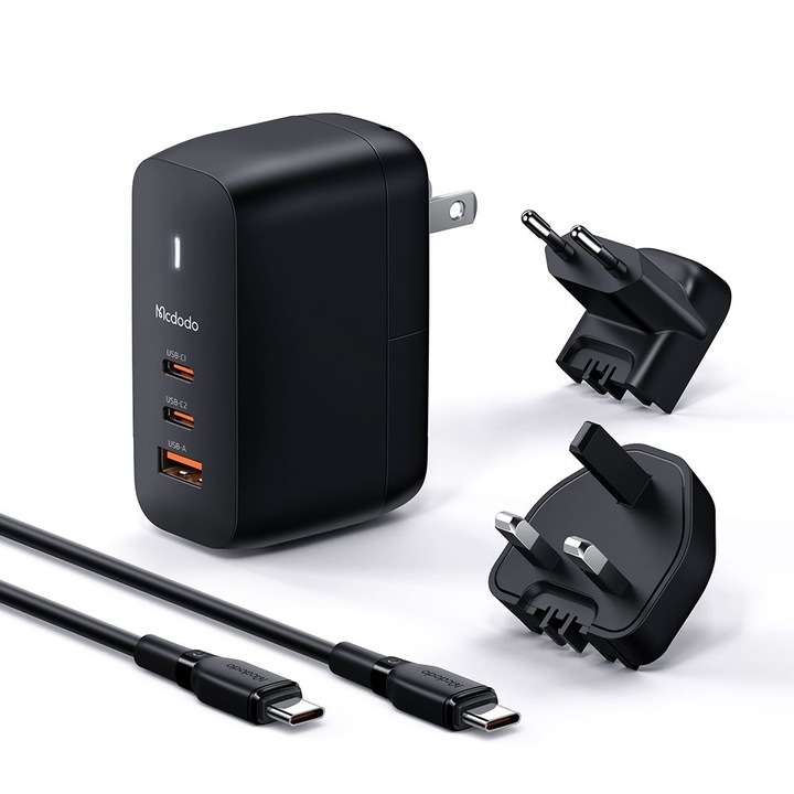 Hálózati töltő utazóadapterekkel, GaN technológia, 65W, 2× Type-C + USB-A, UK/US/EU adapterekkel és kábellel, Mcdodo a gyors töltéshez és nemzetközi kompatibilitáshoz – fekete