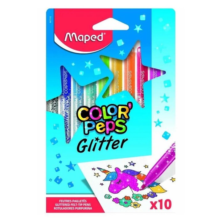 Set 10 Markere Maped Colorpeps Glitter, brodate, 8 culori vibrante, 2, 8 mm
