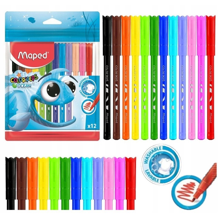 Set 12 Markere Maped Ocean, culori intense, lavabile, varf 2mm, multicolor