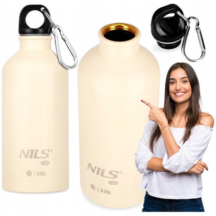 Cana termos NILS CAMP 550ml, bej, otel inoxidabil, izolare 24h, design etans