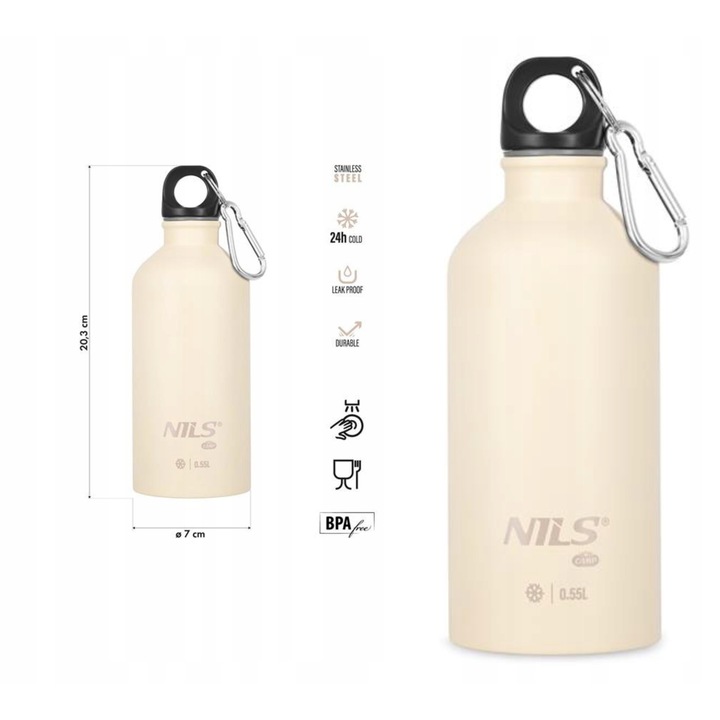 Cana termos NILS CAMP 550ml otel inoxidabil bej, 100% etansa, design compact