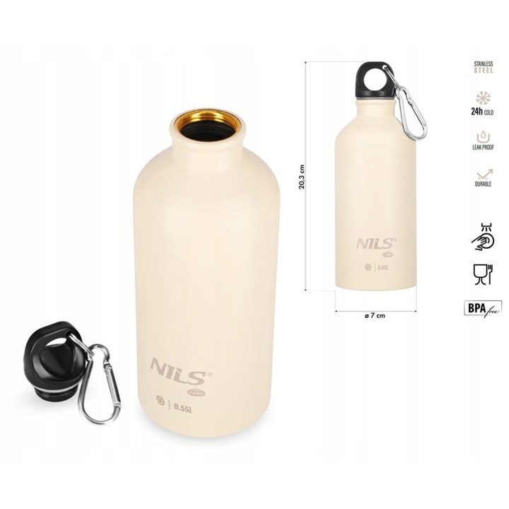 Cana termos NILS CAMP NC3801, 550ml, Bej, Otel Inoxidabil, cu carabină