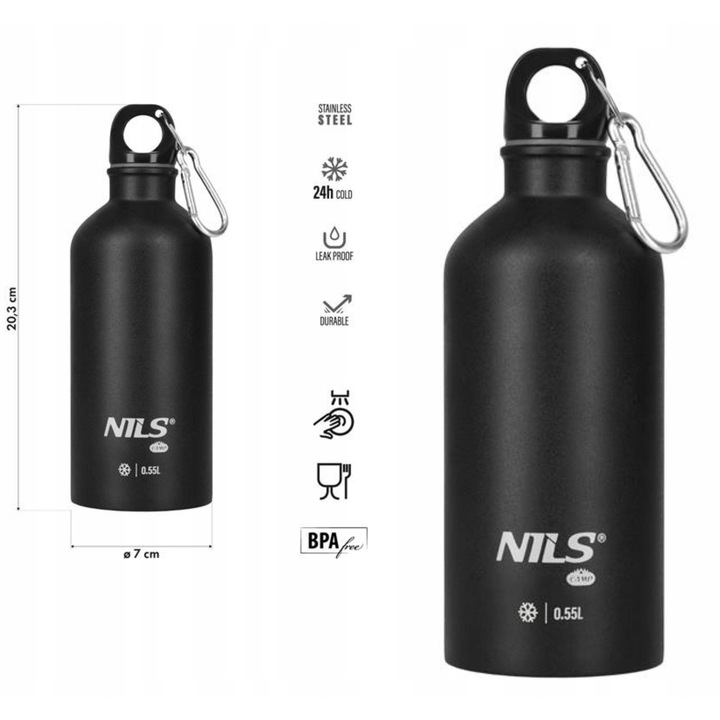 Termos Nils Camp, otel inoxidabil, 550ml, design etanș, carabină inclusă, neagră