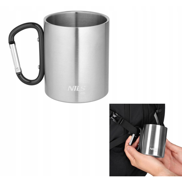 Cana termos NILS CAMP otel inoxidabil 300ml, cu carabiner, pereti dubli, rezistenta la rugina