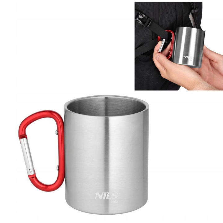 Cana termos Nils Camp, otel inoxidabil, 300ml, roșu, cu carabiner, 76x76x88mm