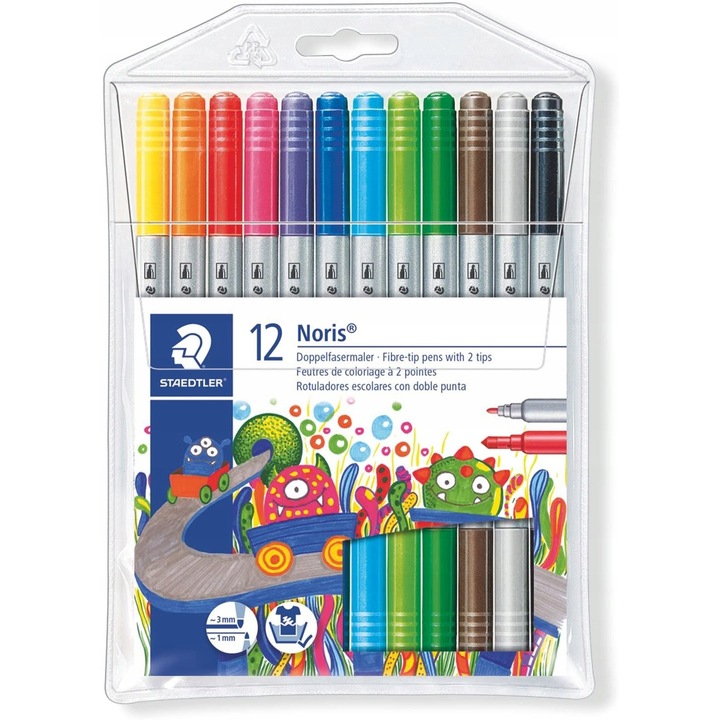 Set 12 Markere Staedtler Noris, Dublu Varf, Lavabile, 12 culori