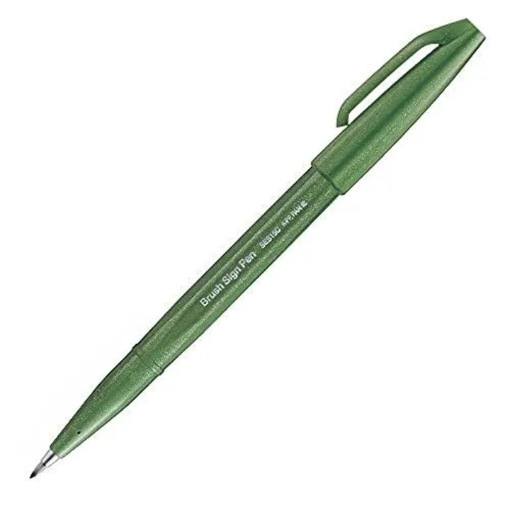 Маркер Pentel Brush Sign Pen, калиграфия, масленозелен, гъвкав връх, дебелина 0,35-2,0 мм