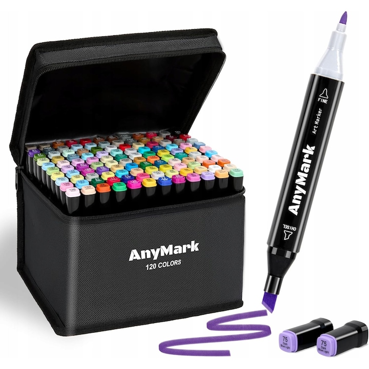 Set 120 Markere Alcoolice Duble, Geantă Inclusă, 12 Culori, Acrilic