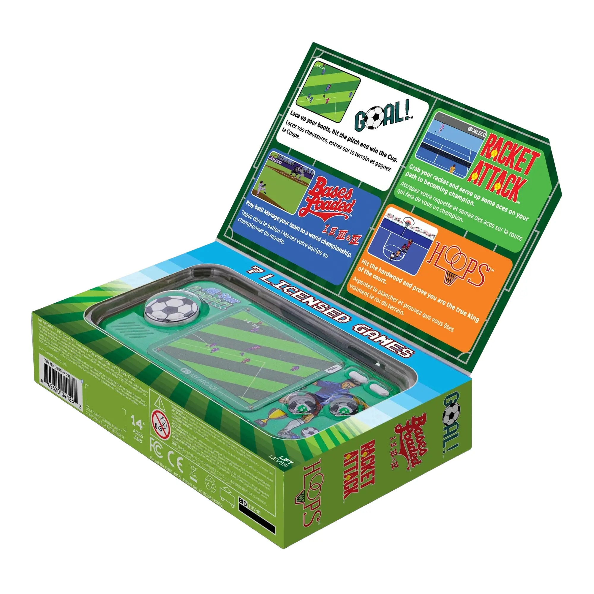 Mini consola de buzunar MyArcade, All-Star Arena, 307 jocuri bonus, ideal pentru microbisti, design retro ergonomic, comenzi arcade, ecran LED color, compacta, portabila, control volum, difuzor extern, Jack 3.5 mm, ideala cadou pasionati sport