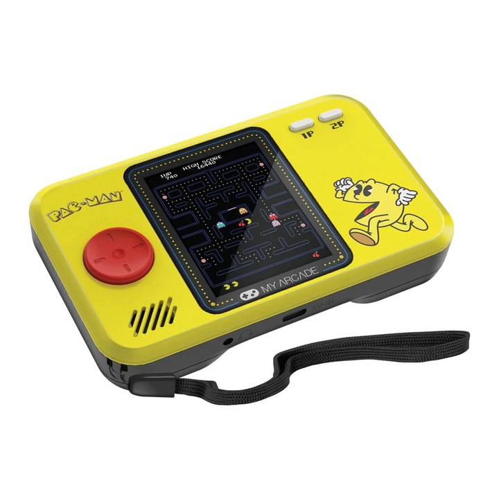 Mini consola de buzunar Pac-Man™ MyArcade, Pocket Player Pro, grafica originala, display color 2.75 inch, iluminare ajustabila, compacta si portabila, difuzor extern, adaptor casti, potrivita pentru calatorit si colectionari, ideala cadou, galben
