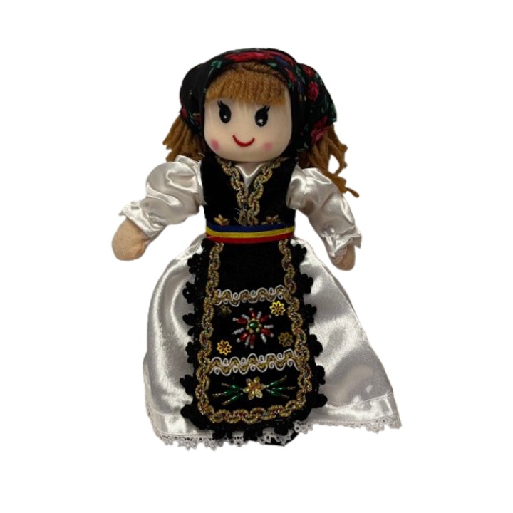 Papusa material textil, lucrata manual, 25 cm, neagra