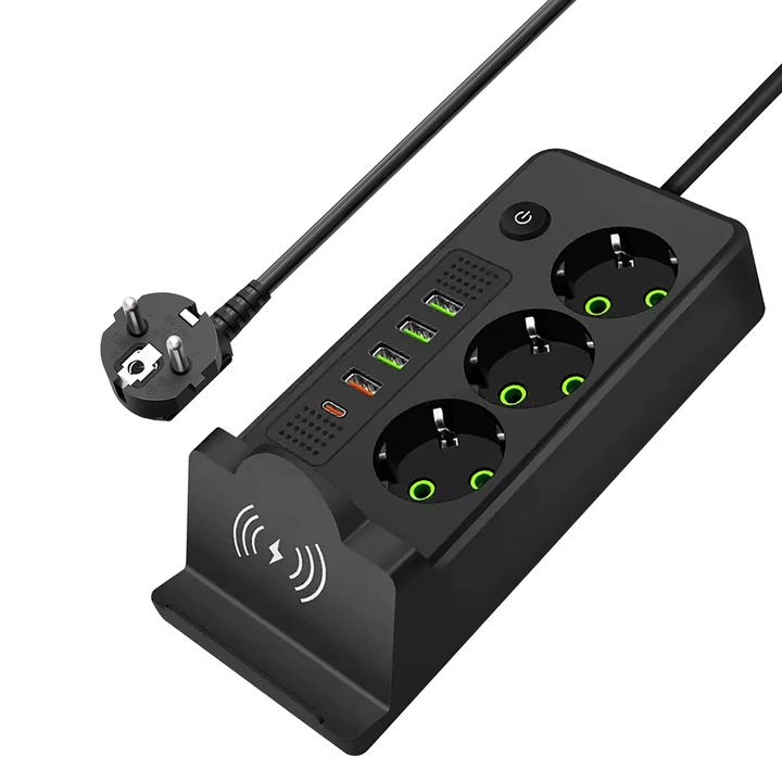 Prelungitor Multifunctional Nubiqo® 2500W cu incarcare Wireless, 3 Prize EU, 4 USB, 1 USB-C PD 20W, Buton LED ON/OFF, protectie supraincalzire, negru
