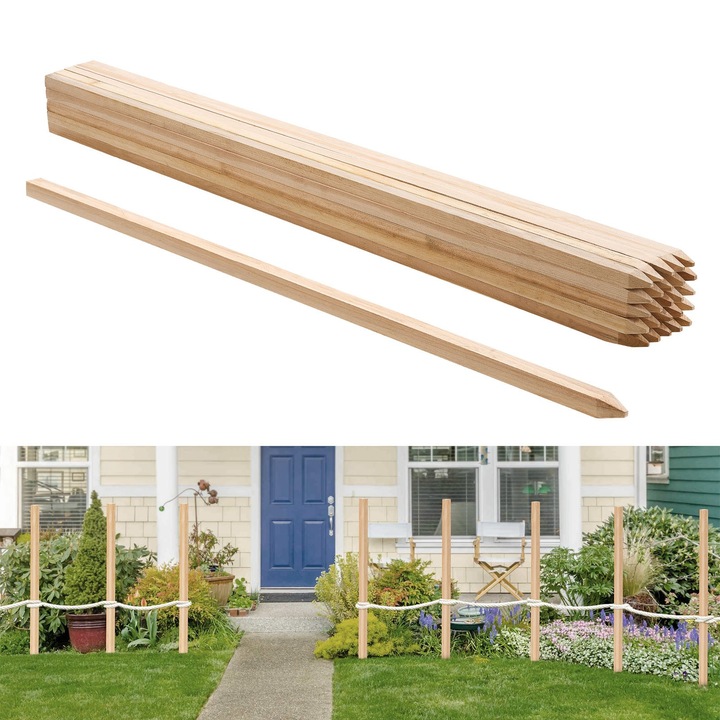 Tarusi de gradina, Set 25 bucati, Lemn de brad, Sectiune 19 × 19 mm, Lungime 30 cm, Varf ascutit, Pentru nivelare/topografie si marcaj teren, Sustinere plante