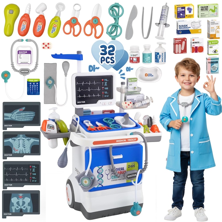 Set Medical de Joaca Carucior Mobil MiniMed Hub™ Max Kit cu Sunete si Lumini, 32 Piese, Termometru cu Infrarosu, Monitor cu Butoane Multifunctionale, Stetoscop, Radiografii, Tensiometru, Ochelari, Sertar Depozitare, Flacoane, Penseta si Accesorii, Blue