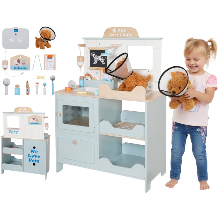 Cabinet Veterinar din Lemn pentru Copii MiniPet Hub™ 2in1 cu Fereastra Check-in, Catelus de Plus, Masuta de Examinare, Dulapuri si Rafturi, Radiografie, Stetoscop, Otoscop, Termometru, Cantar, Guler Medical, Penseta si Accesorii, 90Cm, Arctic Blue