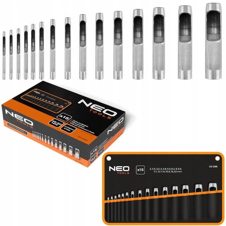 Комплект 15 перфоратора NEO Tools, диаметър 2-22 мм, въглеродна стомана, текстилен калъф
