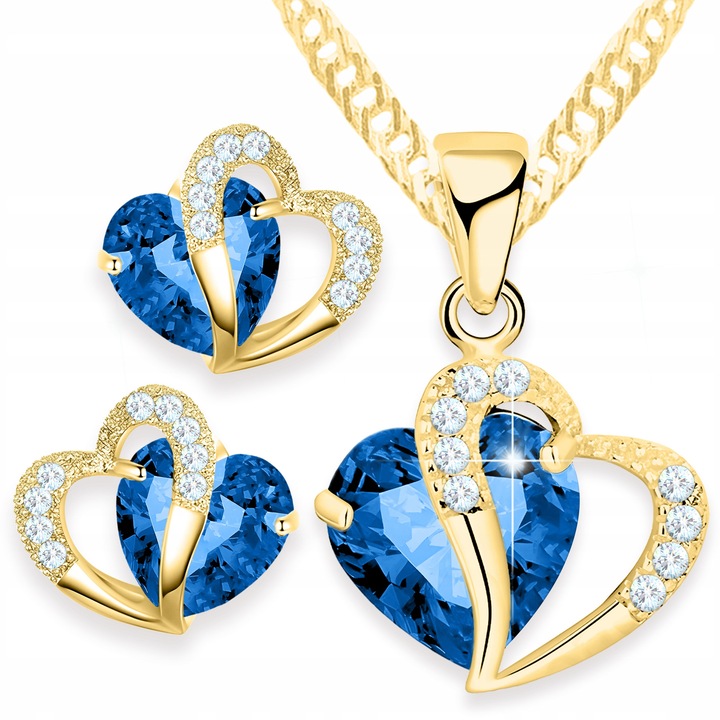 Set Bijuterii Larezo, Colier si Cercei Inimioare Albastre, Argint 925 Placat Aur, Dimensiuni Colier 42x3cm, Cercei 8x9.5mm