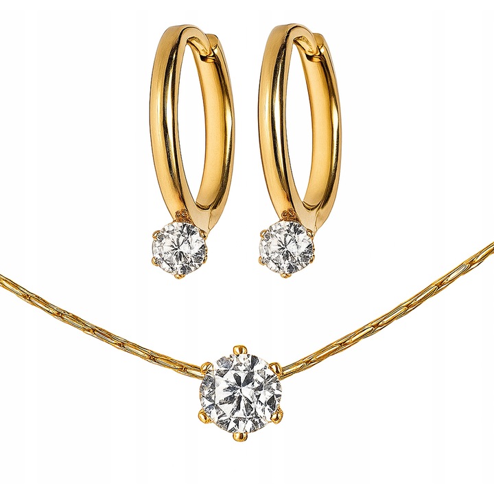 Set Bijuterii Aurite LOVRIN, Cercei și Colier 40cm (+5cm), Zirconii Albe