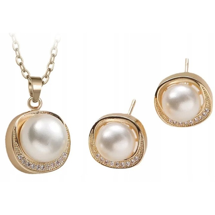 Set bijuterii aurite LOVRIN cu perle și zirconii, colier 40cm + 6cm ajustare, cercei 1.3cm x 1.3cm