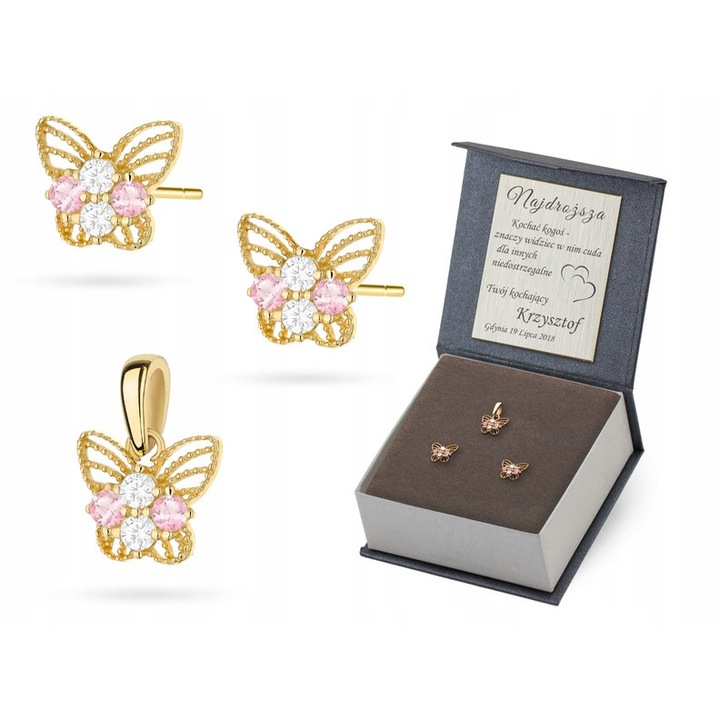 Set Aur 585 (14k) Cercei și Pandantiv Fluturi cu Zirconii, Multicolor