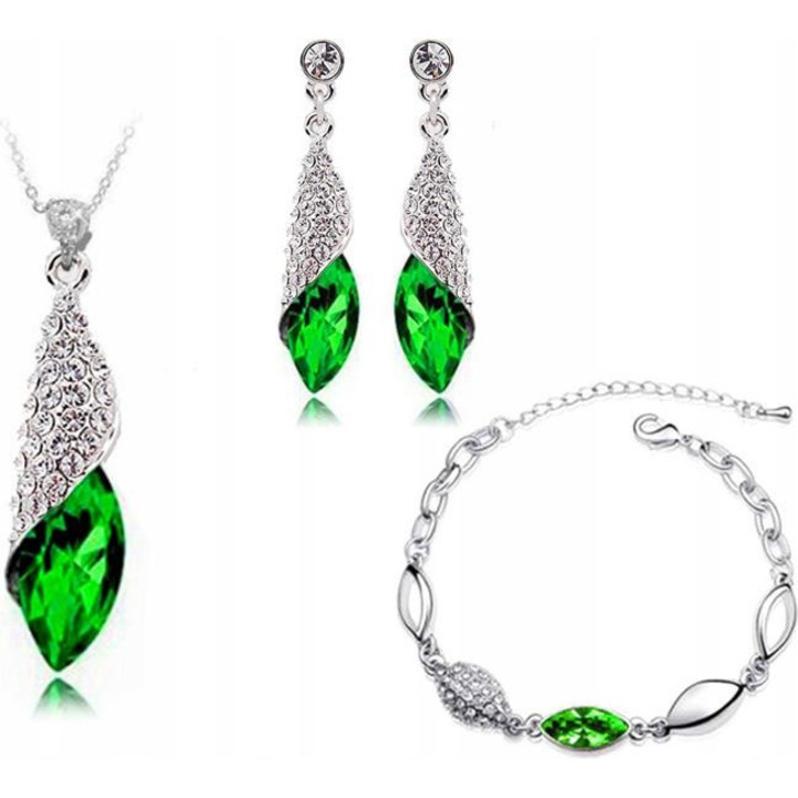 Set bijuterii argintate LOVRIN cu zirconii verzi, colier lacrimă, cercei asortați, brățară inclusă