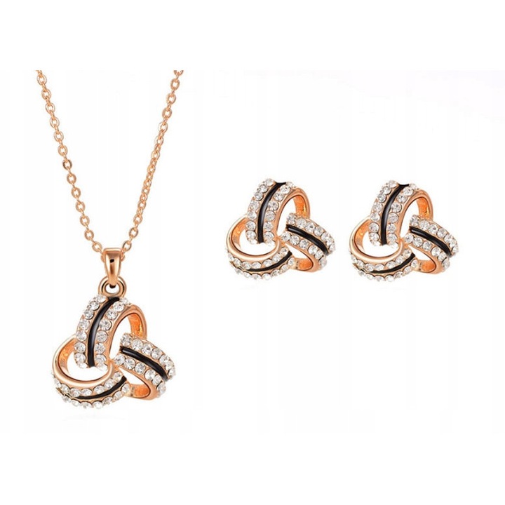 Set Bijuterii Aurit LOVRIN, Precelcute Negre si Zirconii, Colier 45 cm si Cercei Asortati, Aurii