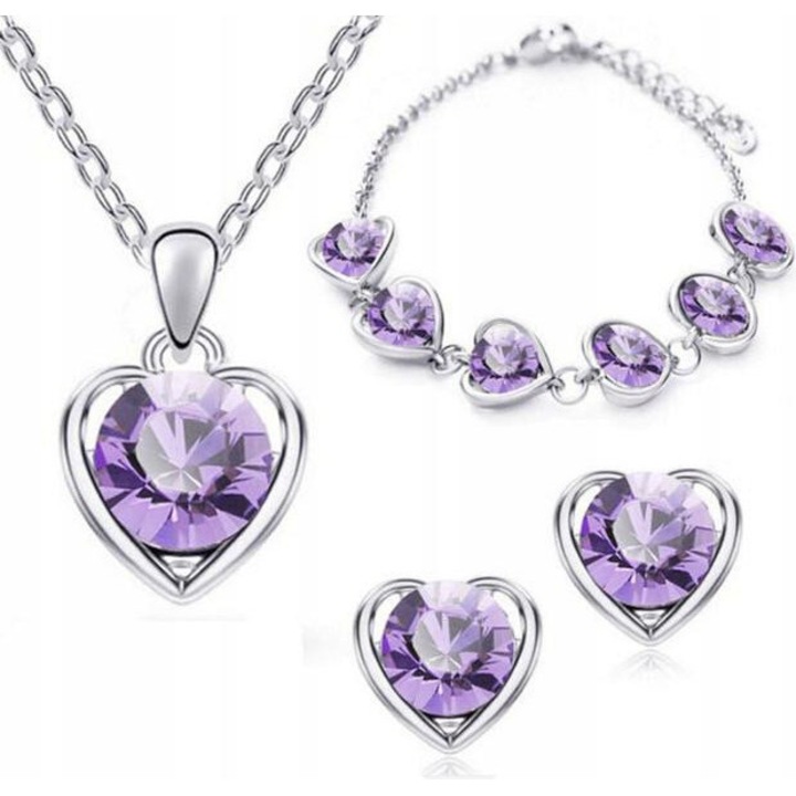 Set bijuterii inimioare violet cu zirconii, aur alb, colier 45cm, cercei 2x1.5cm