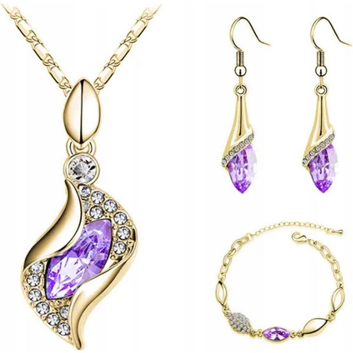 Set bijuterii LOVRIN, lila, zirconiu, placat cu aur, bratara 23cm, cercei 9x45mm, pandantiv 15x40mm, lantisor 45cm