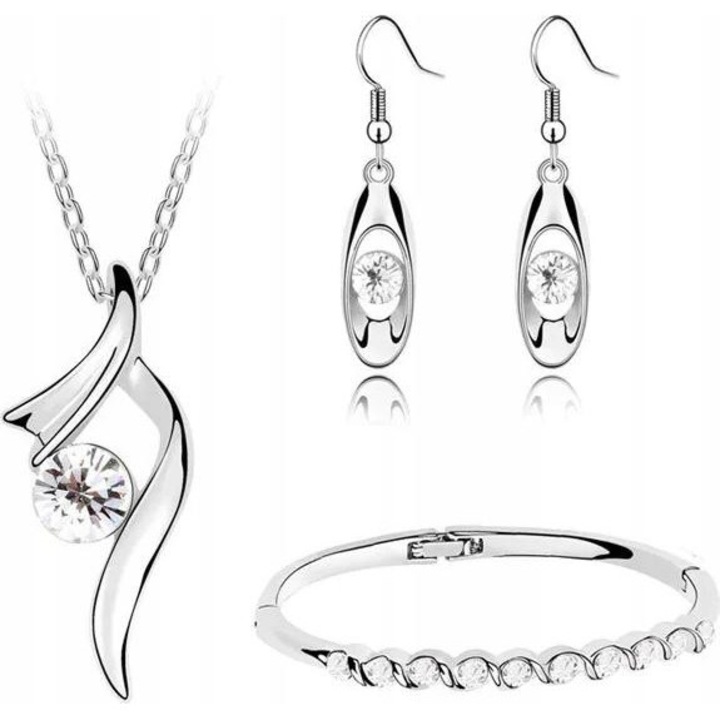 Set Bijuterii Argintate cu Zirconii Albe, LOVRIN, Colier 52cm, Cercei 4cm, Brățară 18cm, Aur Alb