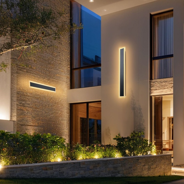 Aplica de perete exterior, Lampa liniara 60 cm, Impermeabil IP65, Antirugina, Temperatura 3000K, Pentru terasa, veranda, garaj, Alb cald