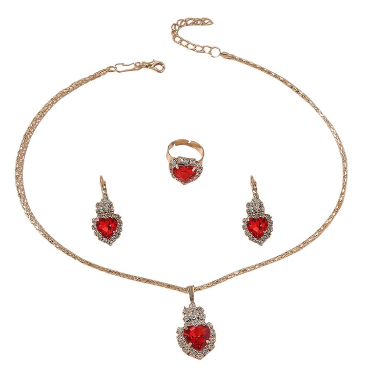 Set bijuterii, colier, inel, cercei, design elegant, cu cristale de culoarea Rubinului, accesorii femei, pentru ocazii, casual, Auriu, OptimStar®