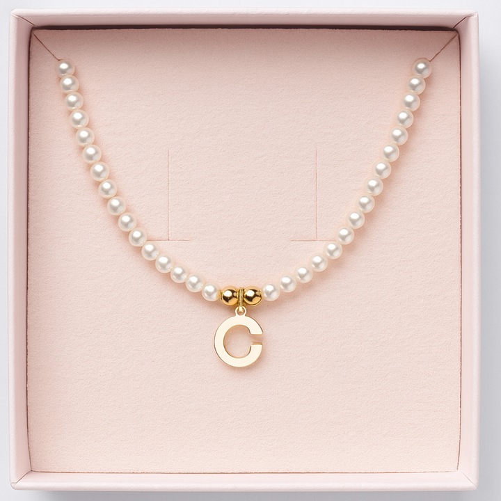 Colier cu Perle Naturale, Joystos, Litera C, Argint 925 Placat cu Aur 18K, Lungime 38+5cm, Cadou Elegant pentru Femei