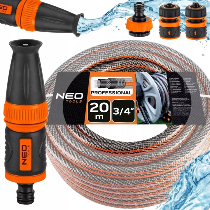 NEO 20m 3/4" 6 rétegű kerti tömlő szett, UV álló, szórófejjel és csatlakozókkal