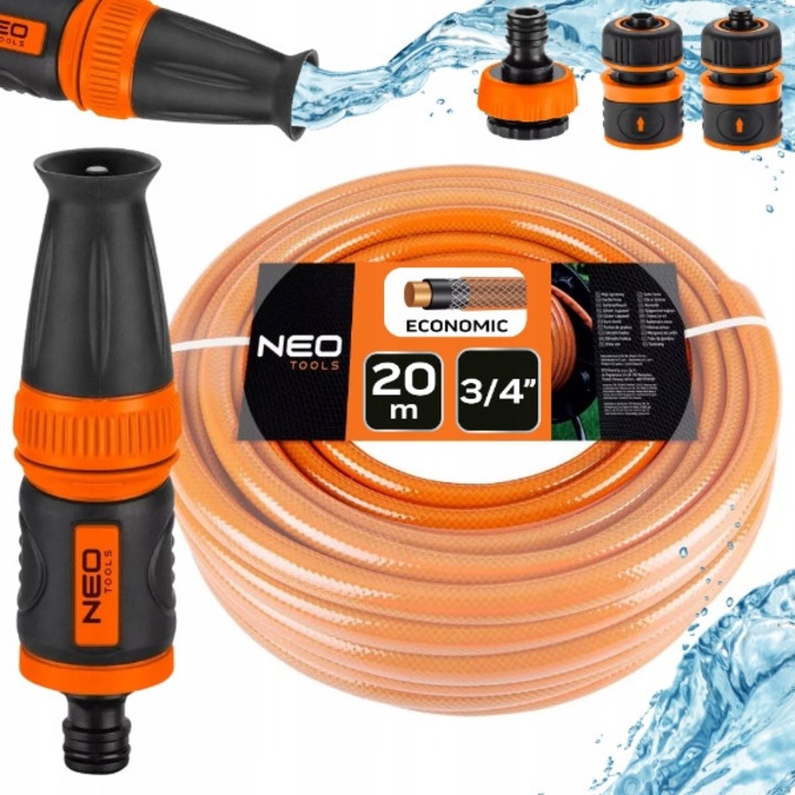 Kerti tömlő készlet 3/4"x20m szórófejjel és csatlakozókkal, UV-álló, 4 rétegű