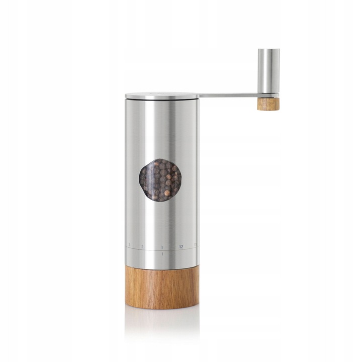 Rasnita manuala pentru sare si piper Adhoc PowerMill, cu angrenaj Planet+ si pietre de macinat CeraCutXL, reglaj Precise+ 12 trepte, otel inoxidabil si lemn de acacia, argintiu/natural, 1 buc