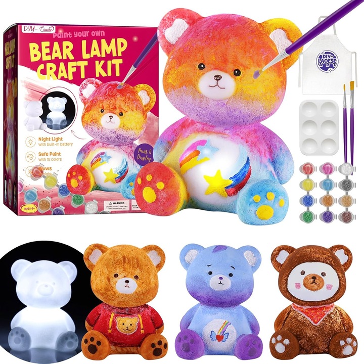 Set Artizanat Creativ cu Lampa Ursulet de Pictat – Set Complet cu Pensule, Culori, Paleta si Sort pentru Copii 6–14 ani, Jucarie Educationala, Cadou Perfect, Multicolor