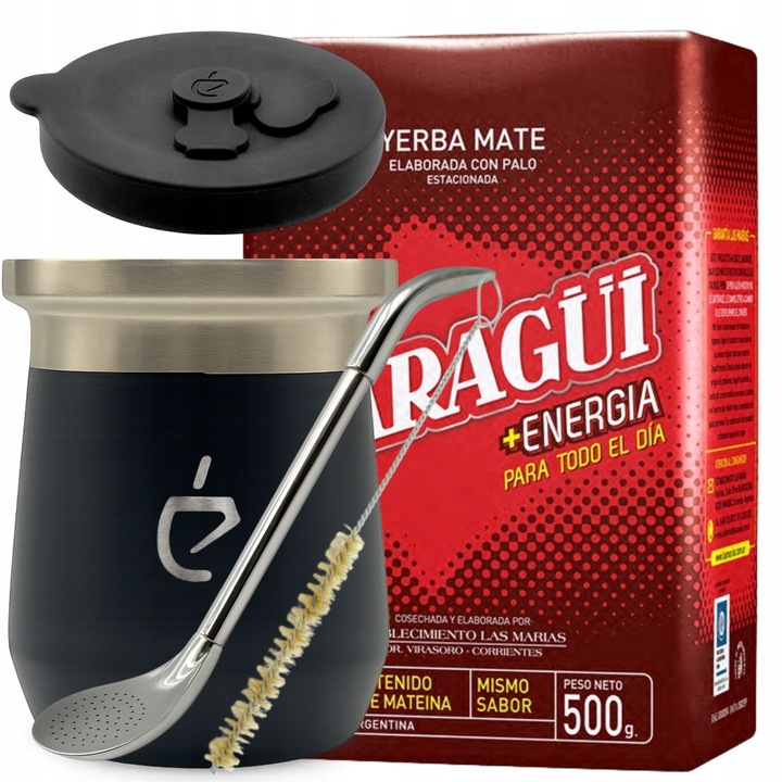 Yerba Mate készlet DualFlow Obsidian Black – bombilla + fedél + 230 ml termo csésze + Taragüi Energia, Un Mate