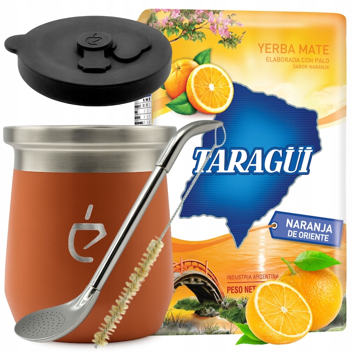 Set Yerba Mate DualFlow Sakura Pink – Mate Cup 230 ml, Capac Termolid, Bombilla PRO, Perie + Taragüi Naranja 500 g, Un Mate