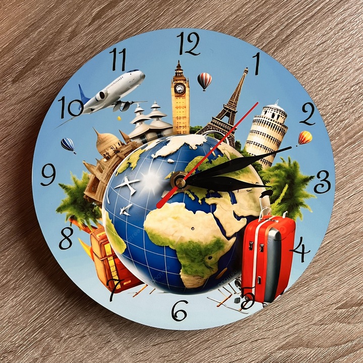 Kerek MDF óra 20 cm földgömb utazási mintával