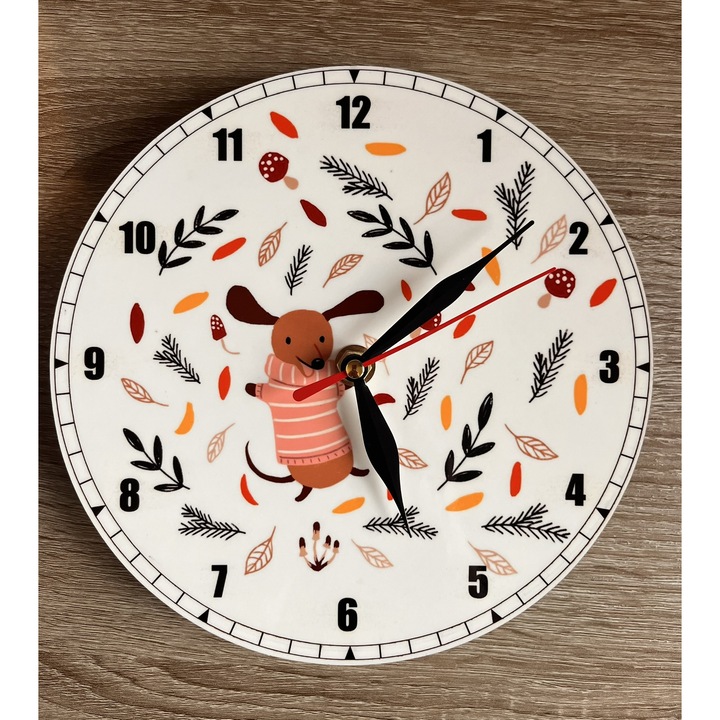 Kerek MDF falióra 20 cm, vidám tacskó mintával