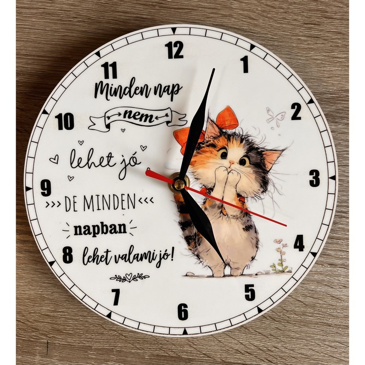 Kerek MDF óra 20 cm, cicával és magyar nyelvű szöveggel