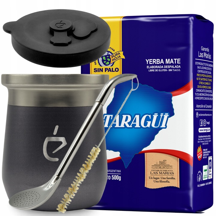 Set Yerba Mate DualFlow Ash Gray – Mate Cup 230 ml, Capac Termolid, Bombilla PRO, Perie + Taragüi Sin Palo 500 g, Un Mate