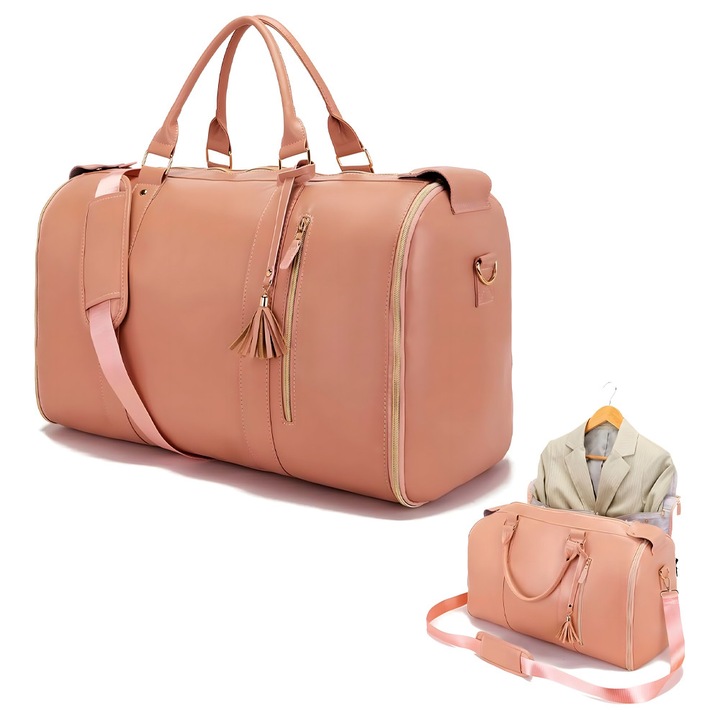 Összecsukható Utazótáska, Elegáns 2in1 Öltönytáska Dizájn, 55L Kapacitás, Öko Bőr, Rózsaszín